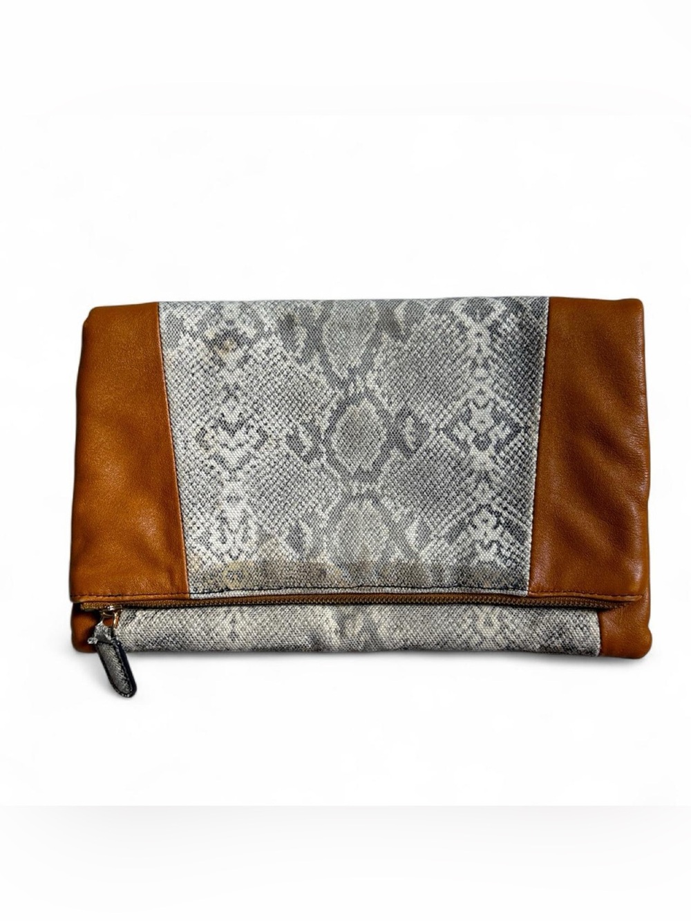 Y2K vintage Be & D leather and canvas snake print fold over clutch bag